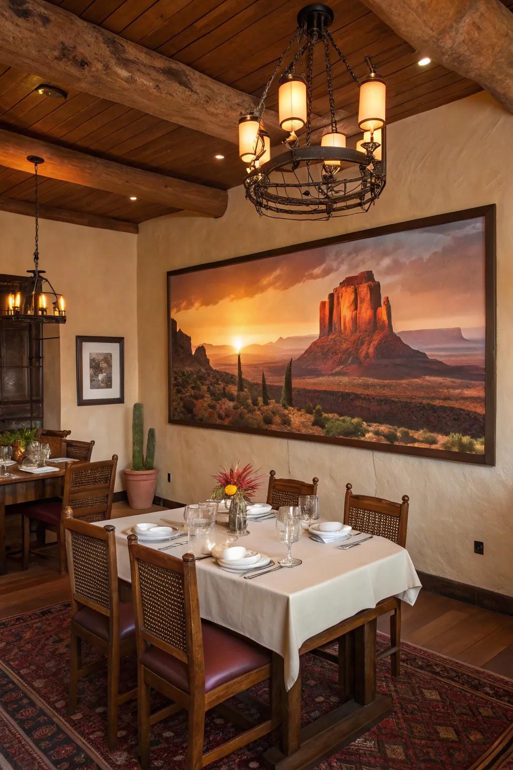 A desert sunset painting infuses warmth and tranquility into this dining room.