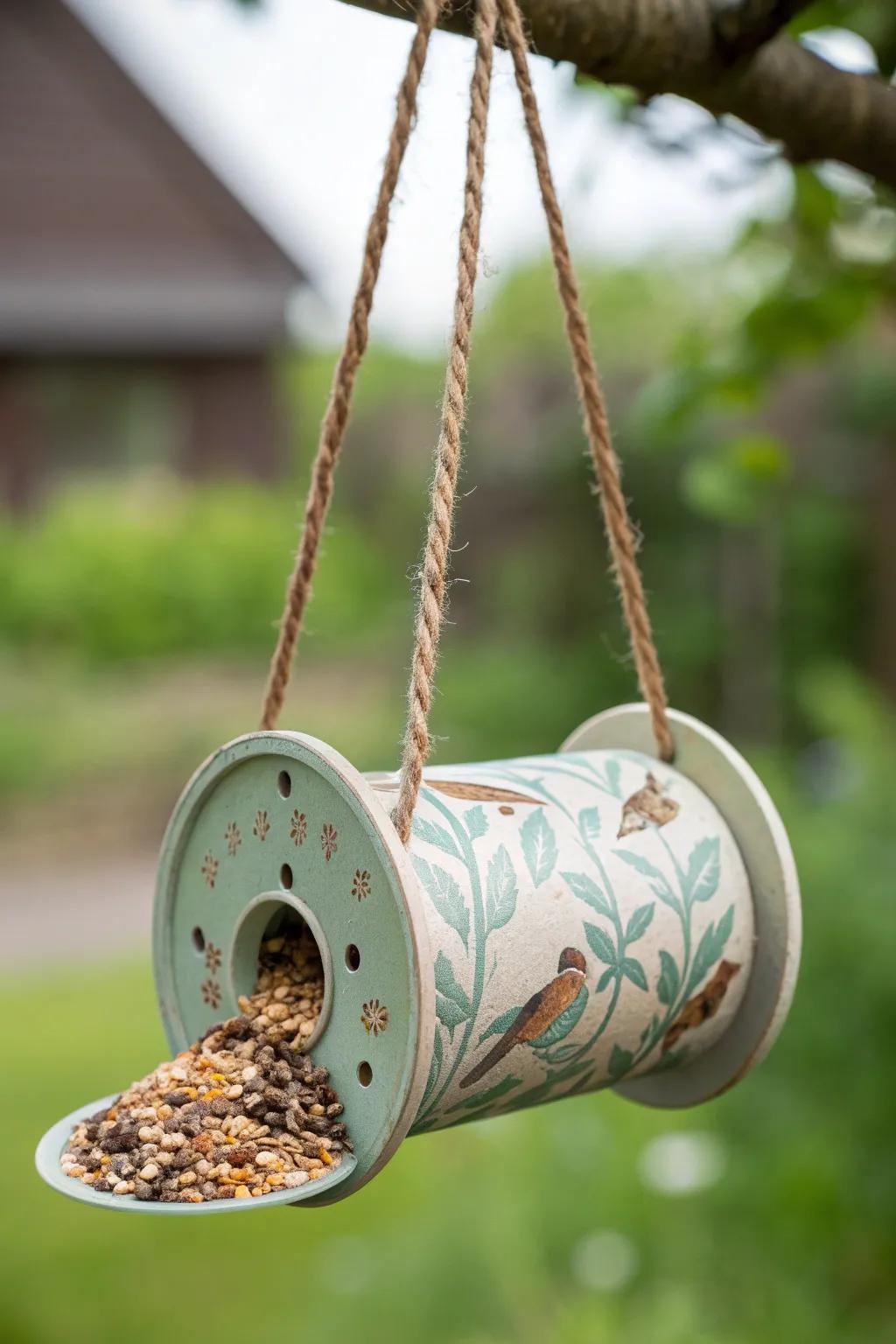 Elevate your garden with this chic, handmade bird feeder from a recycled spool. Nature meets minimalism!