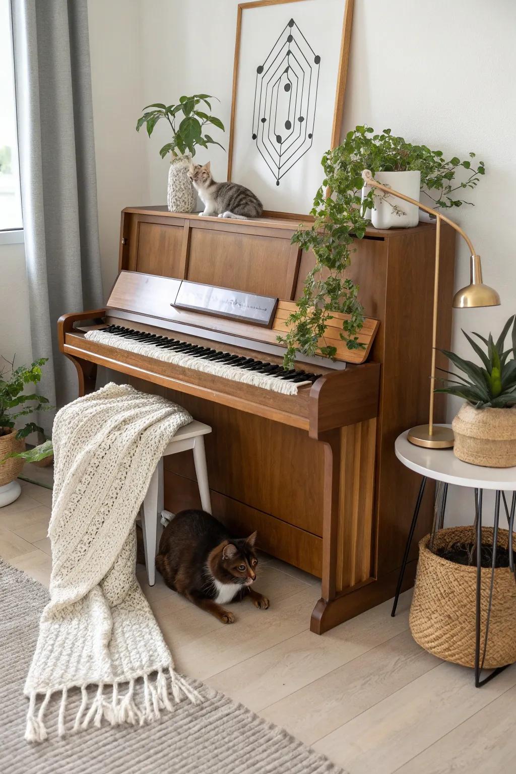 A serene retreat for your beloved pet, where music meets comfort. 🎹🐾