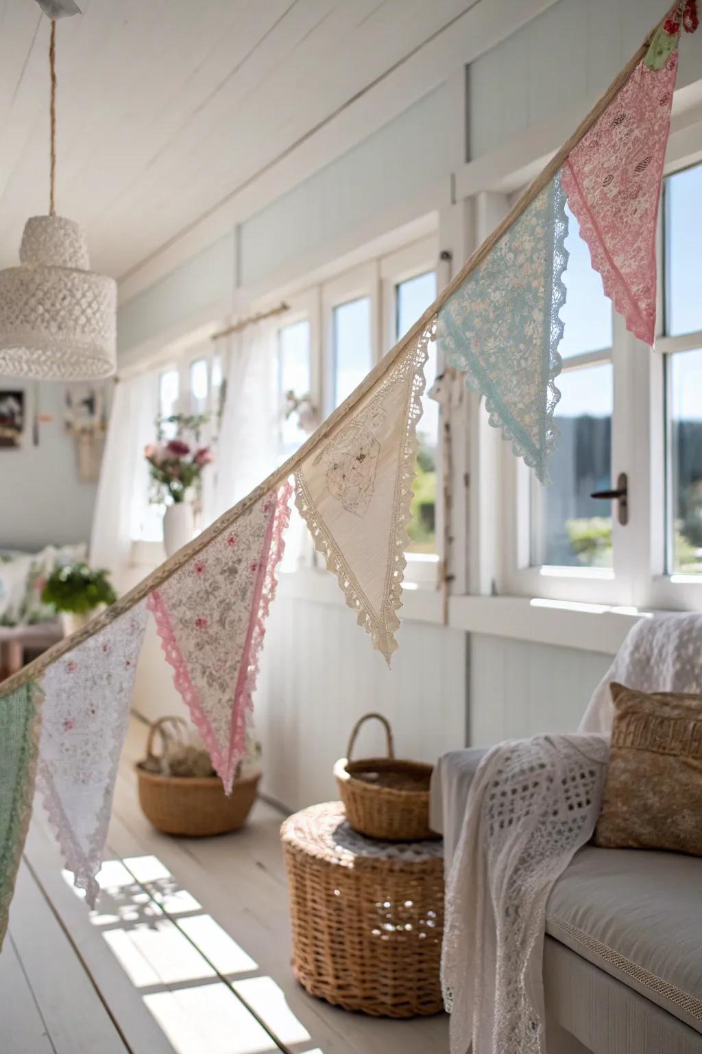 Add a touch of nostalgia and color with vintage handkerchief bunting—perfect for any occasion!