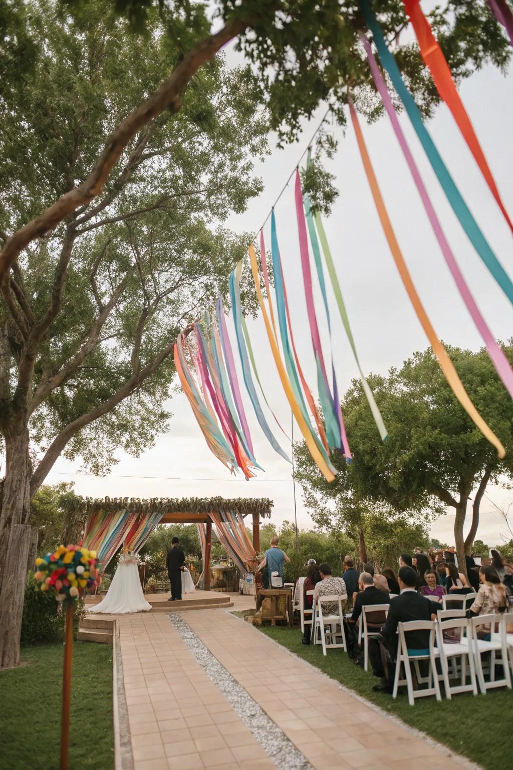 Vibrant ribbon streamers adding a festive touch to an outdoor venue.