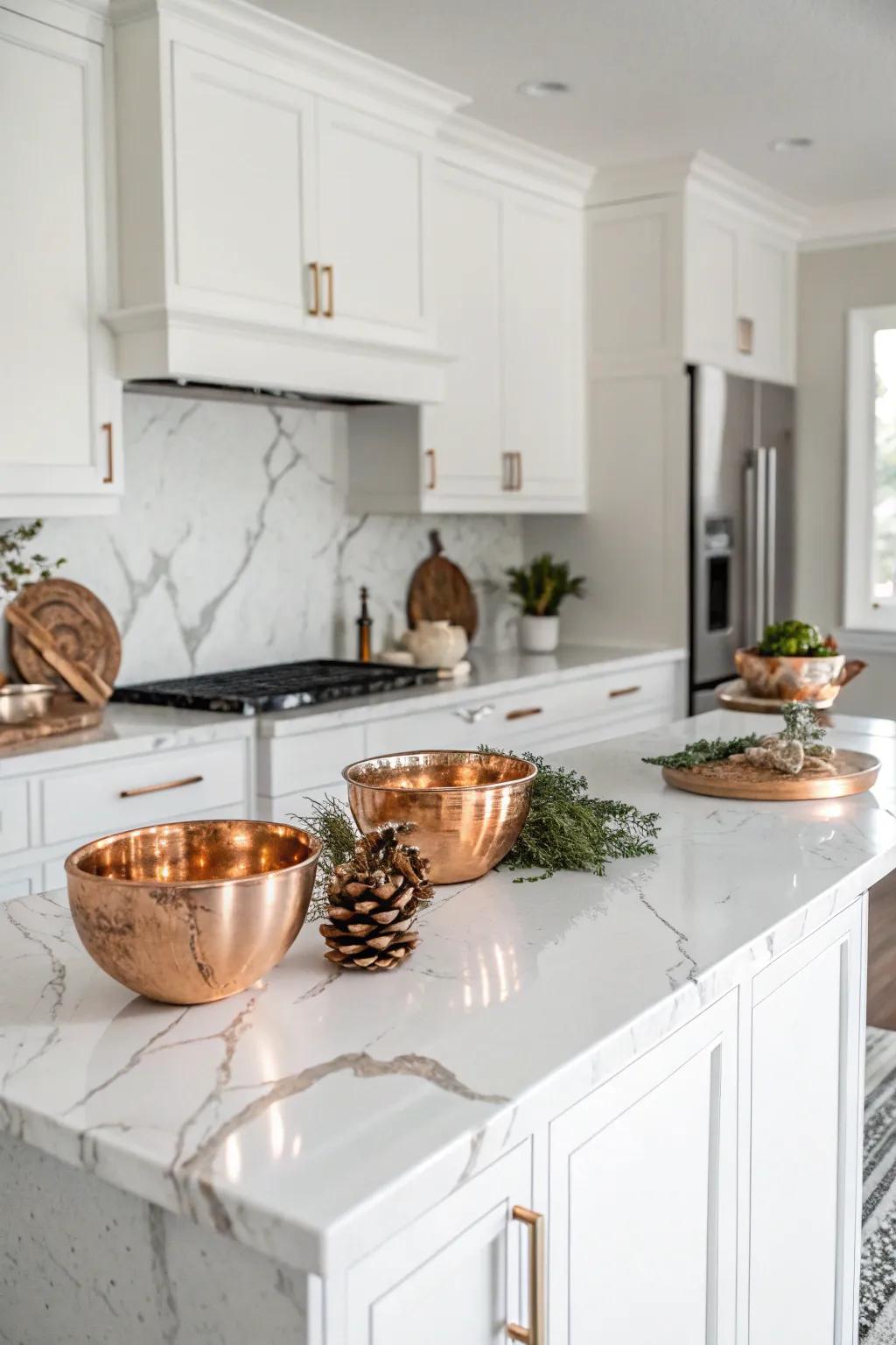 Copper accents add sophistication to marble countertops.