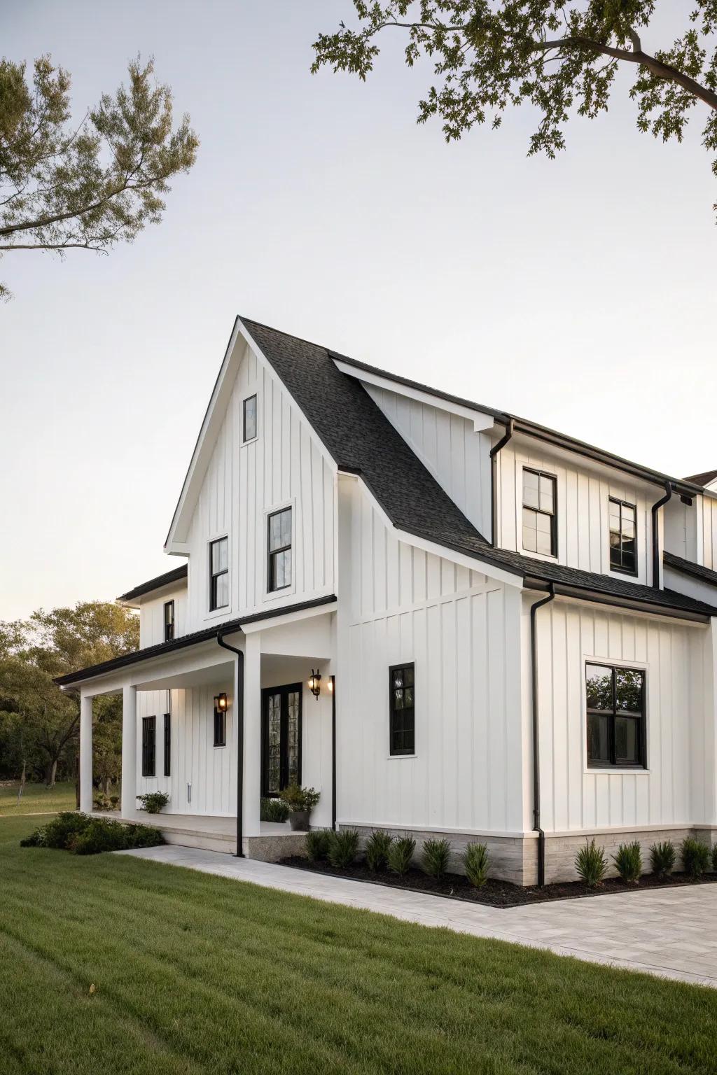 Charcoal trim offers a contemporary flair to this stylish white home.