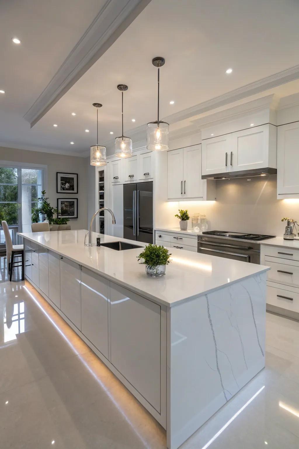 White porcelain countertops offer elegance with minimal maintenance.