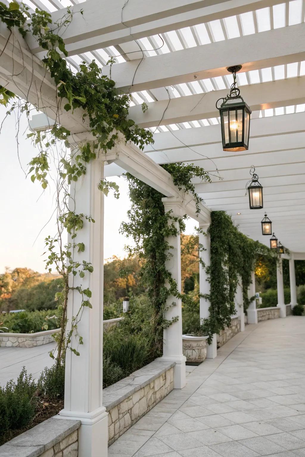 White architectural elements like pergolas add structure and style.