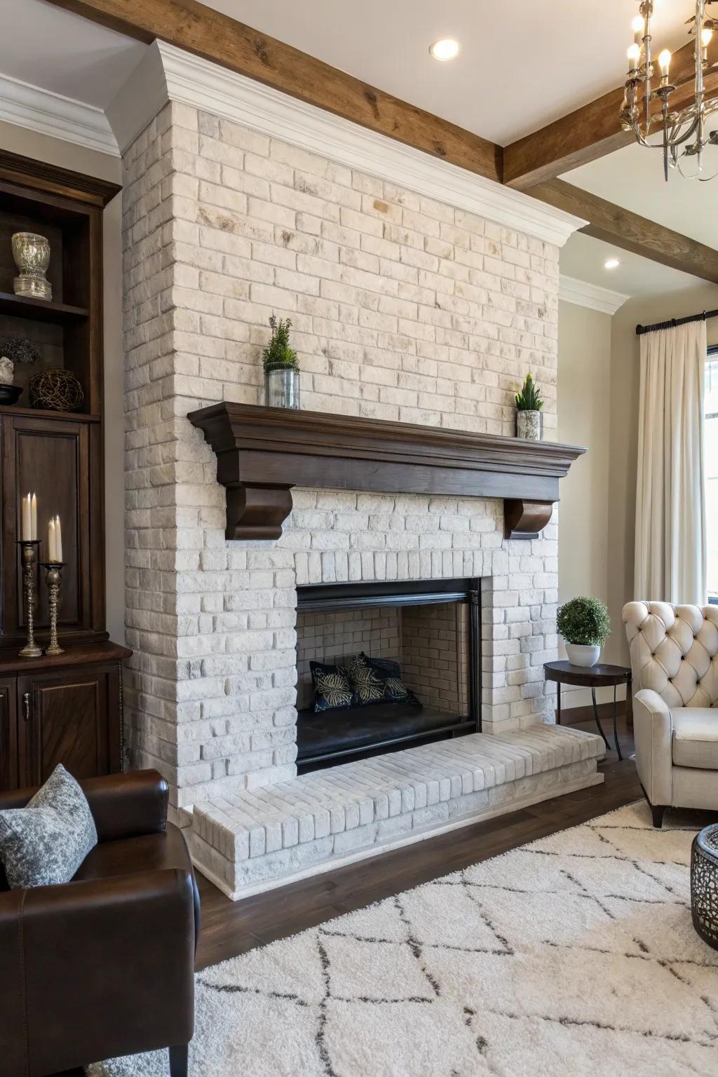 A whitewashed brick fireplace with a contrasting dark wood mantel.