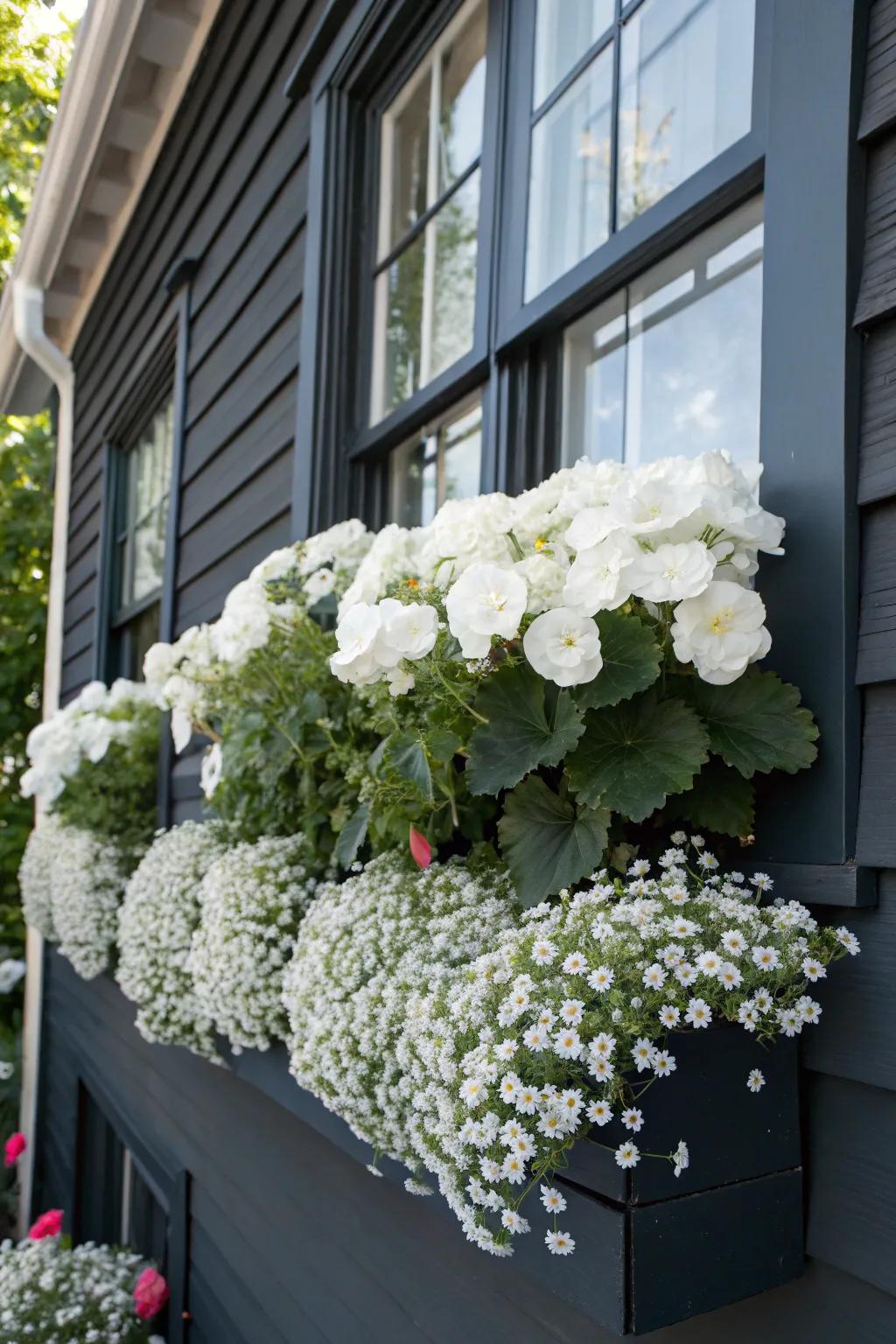 Elegant monochrome window box with white blooms for a sophisticated summer look.