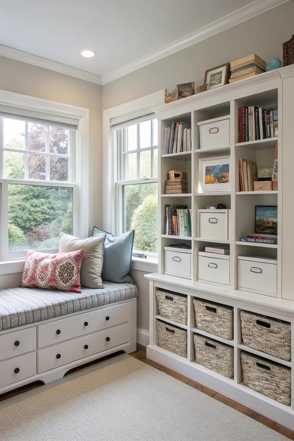 A storage-integrated nook keeps your space organized and stylish.