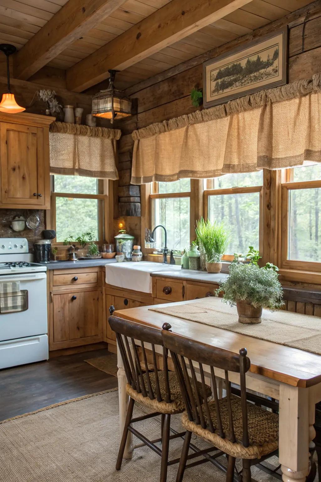 Rustic burlap valance in a charming farmhouse kitchen.