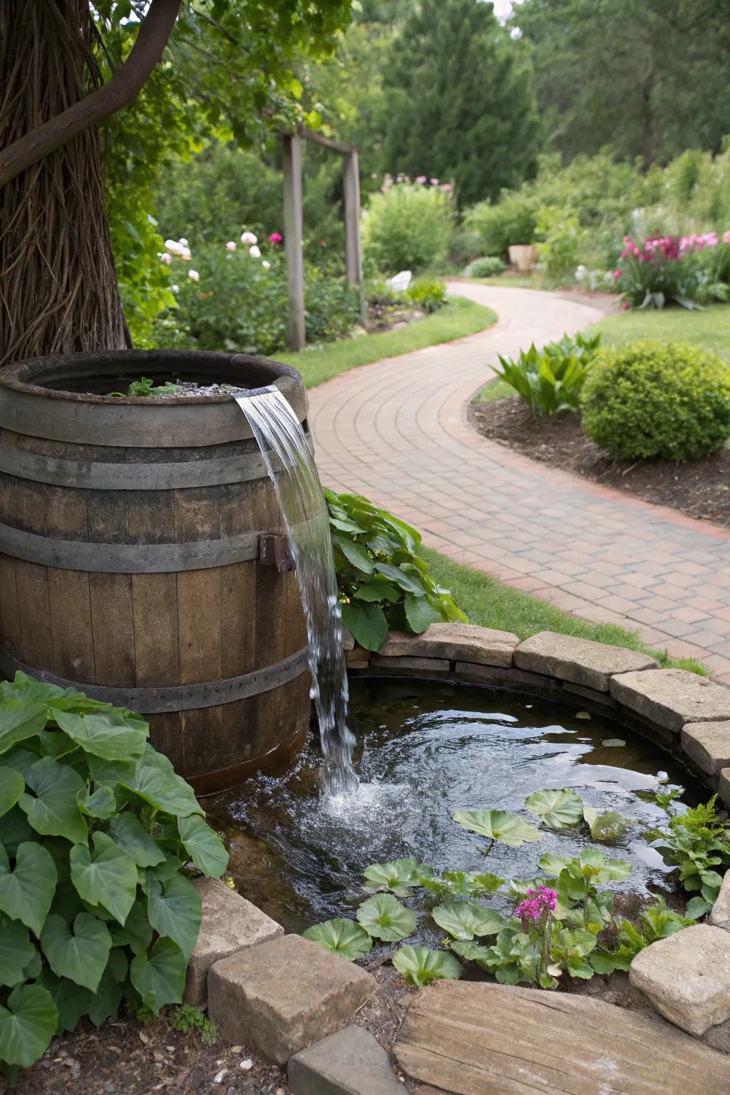 A wine barrel water feature creates a soothing garden ambiance.