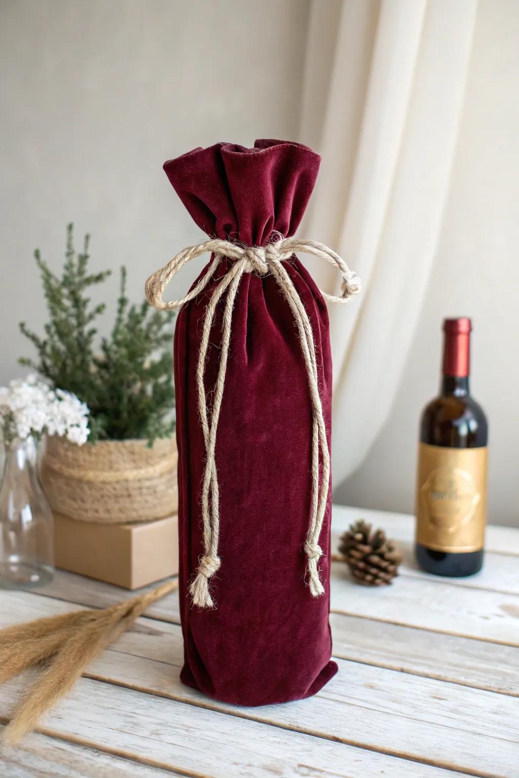 Experience the allure of luxury with this velvet wine bottle bag—a perfect blend of elegance and simplicity.