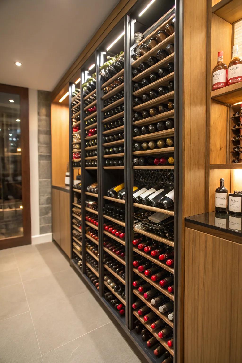 A cleverly designed wine closet with vertical wine storage