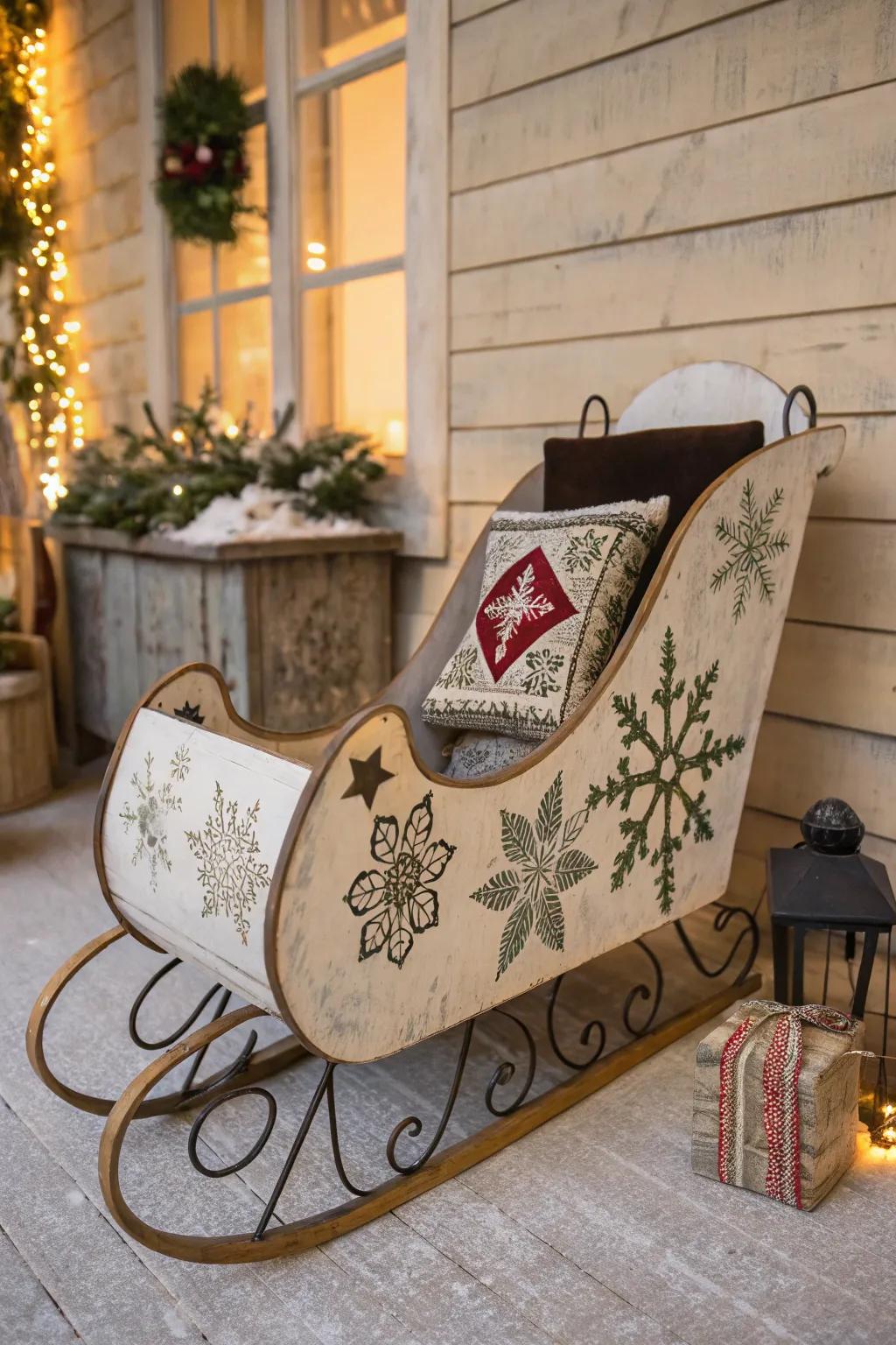 A vintage sled adding a nostalgic touch to winter decor.