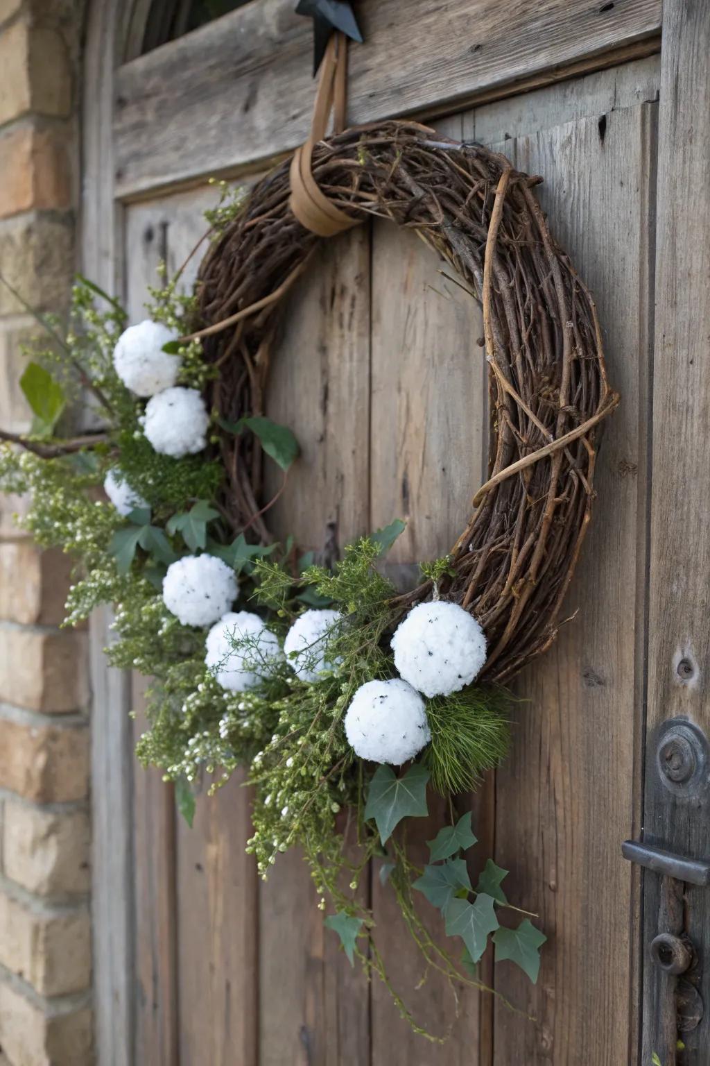 Snowball accents add a playful touch to this winter wreath.