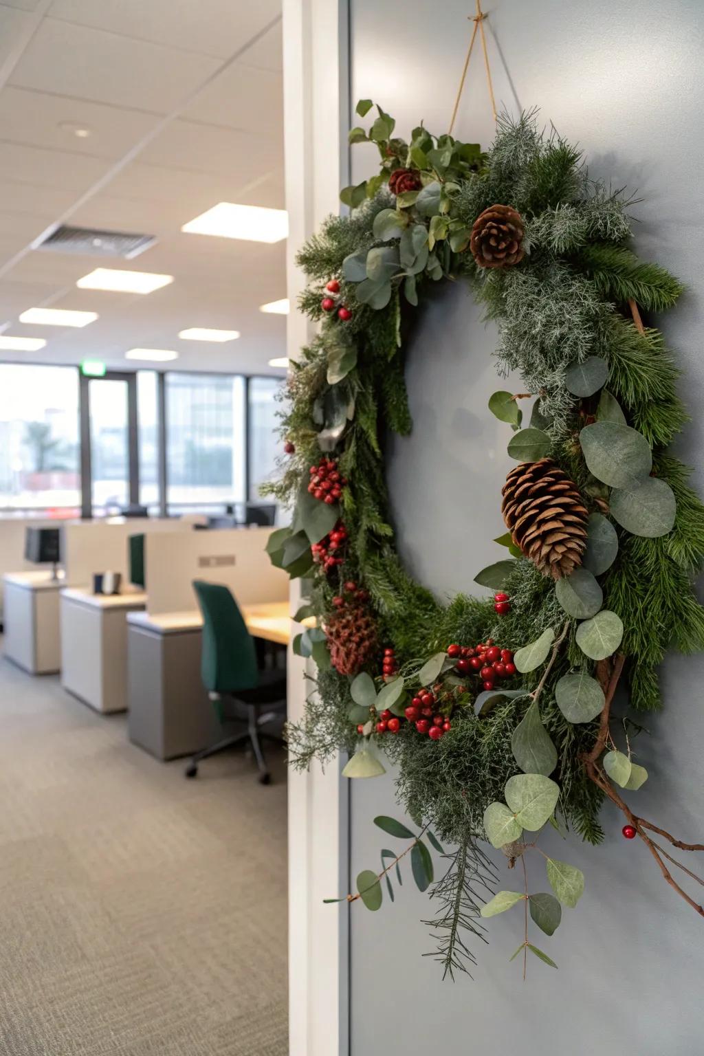 A winter wreath brings a touch of nature to your office wall.