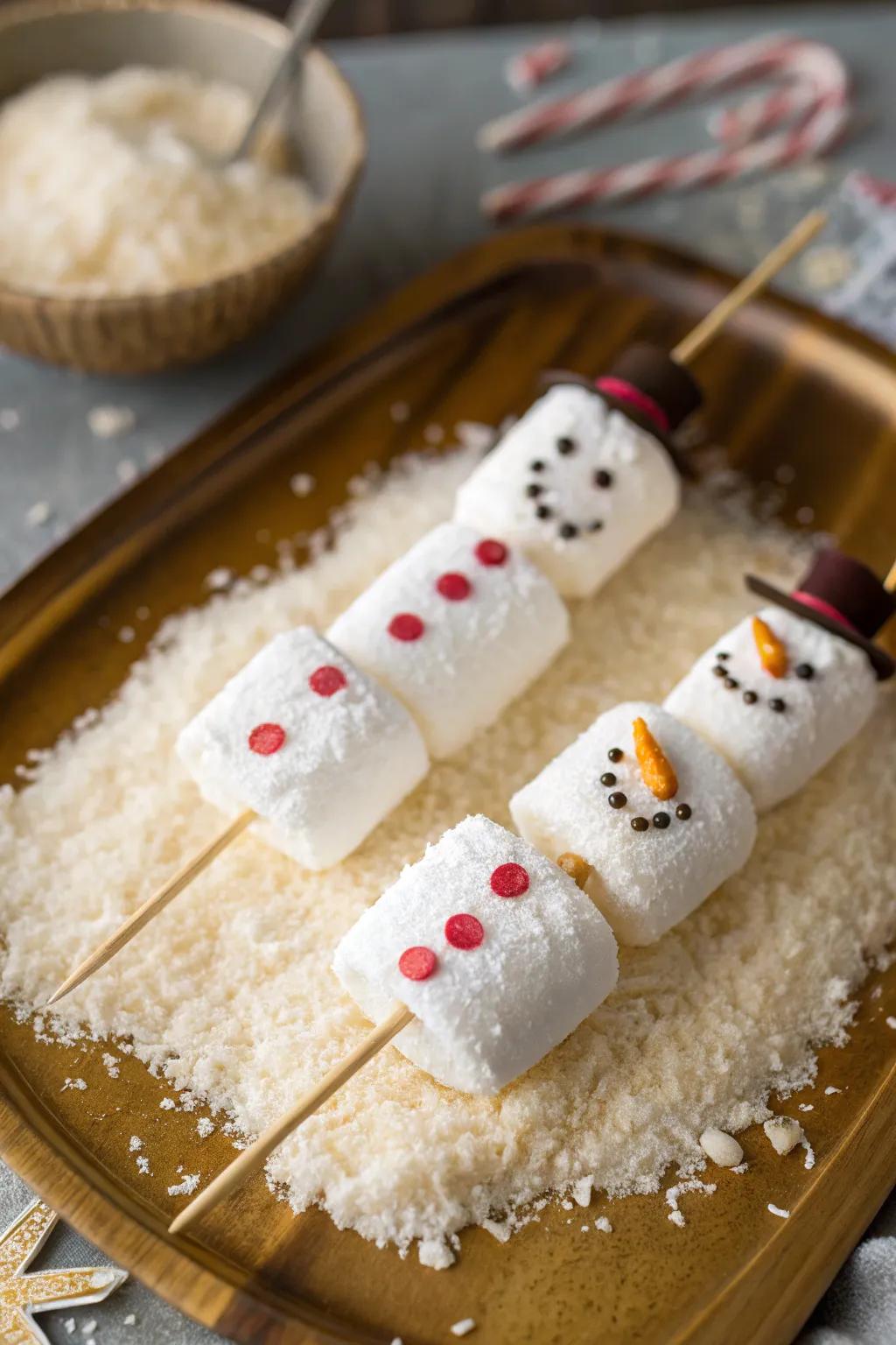 Adorable marshmallow snowmen bring smiles to faces.