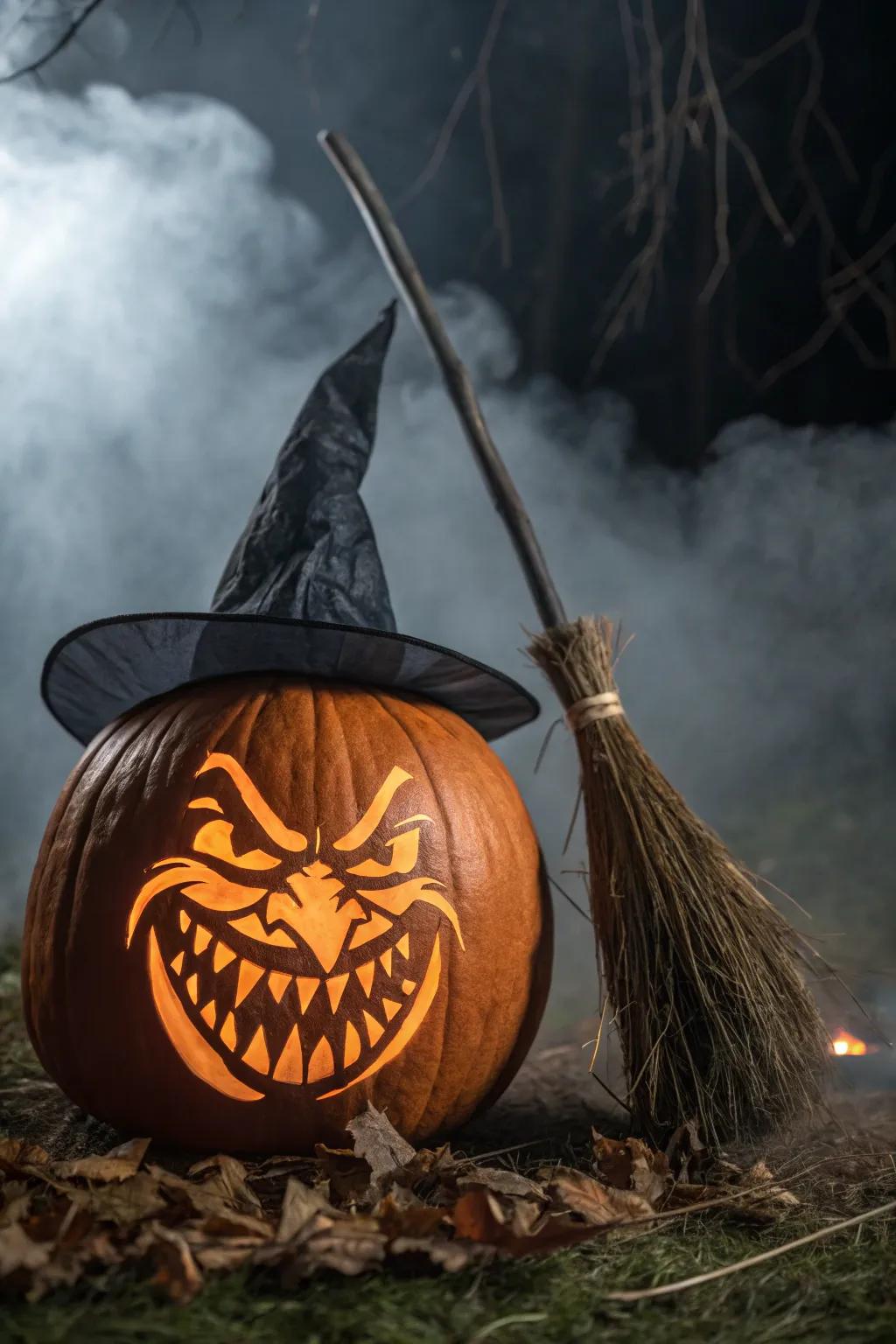 A wicked witch pumpkin with a mischievous grin and a tiny broomstick.