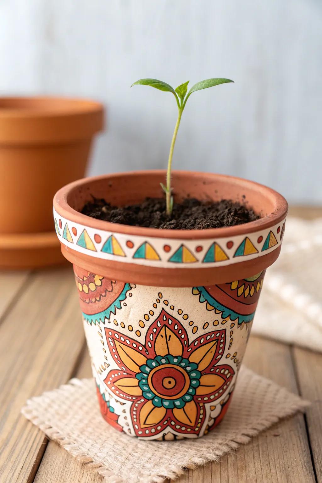 Crafting beauty and growth: A charming painted terracotta pot for Women's Day.