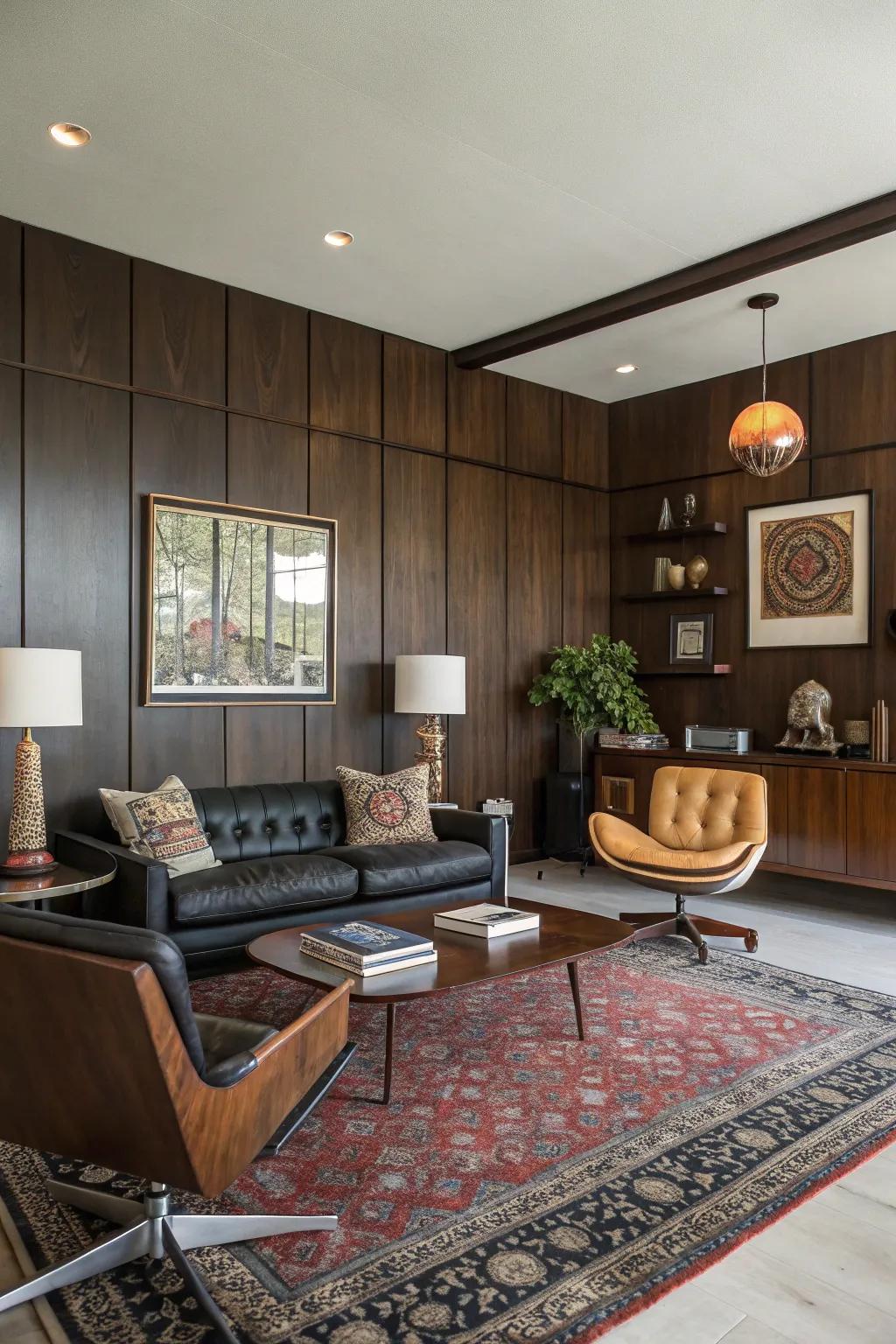 A midcentury modern living room with a dark wood panel accent wall.