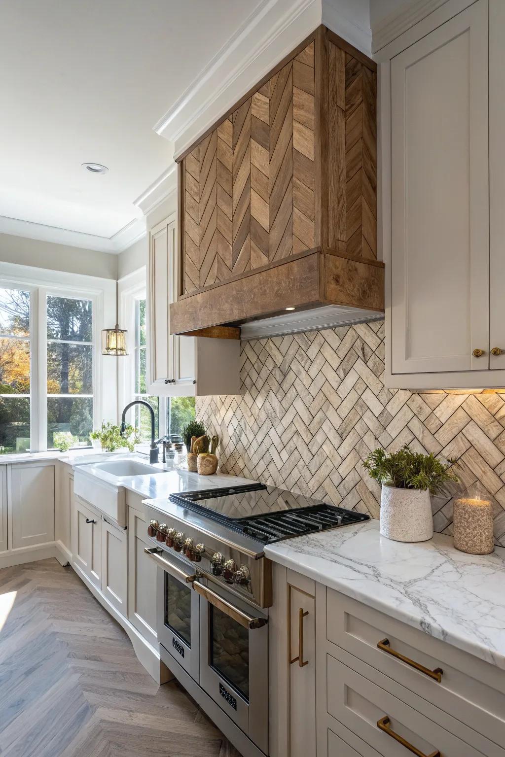 An elegant kitchen featuring a herringbone wood backsplash for added texture.