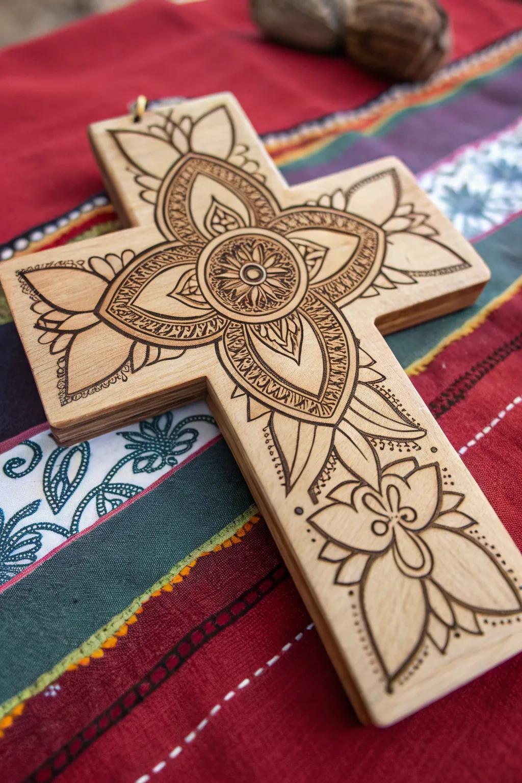 A mandala design adds an intricate and spiritual touch to this wooden cross.