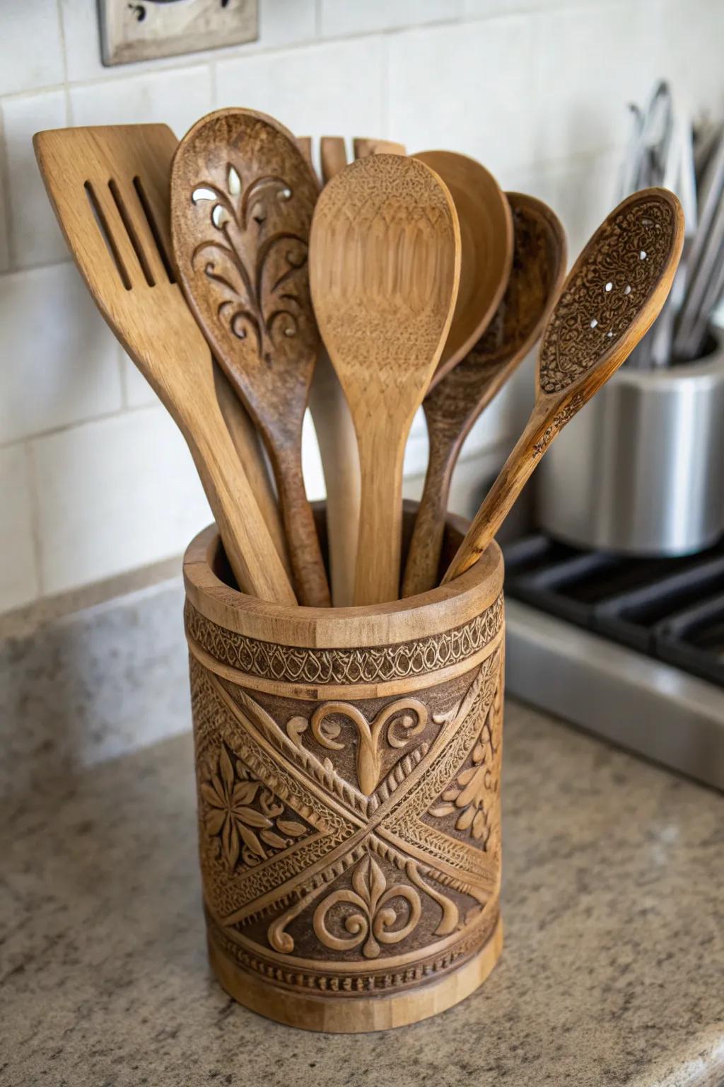 Elevate your cooking experience with artistic wooden spoons.