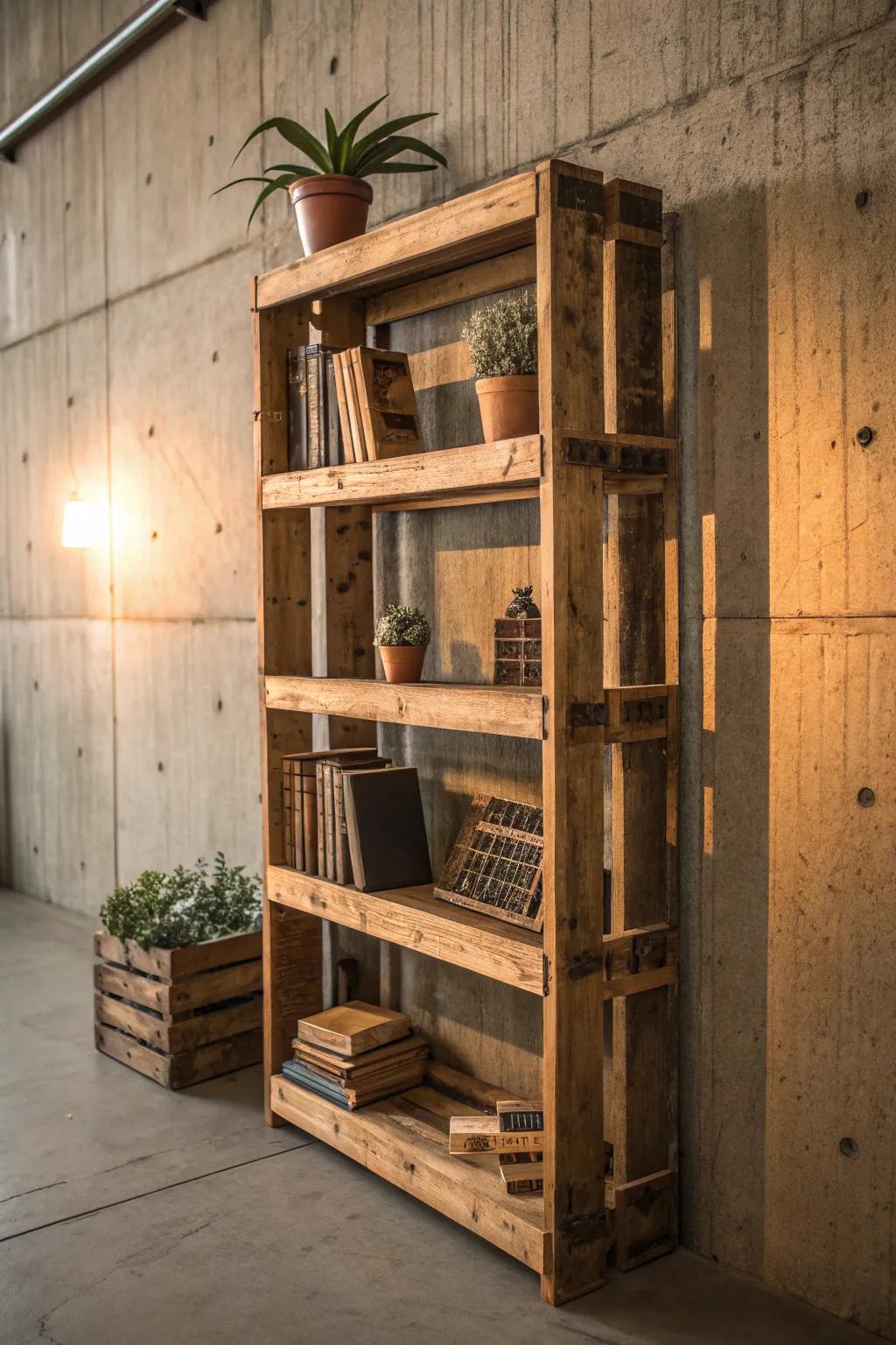 Elevate your space with a handcrafted pallet shelving unit that blends style and functionality effortlessly.