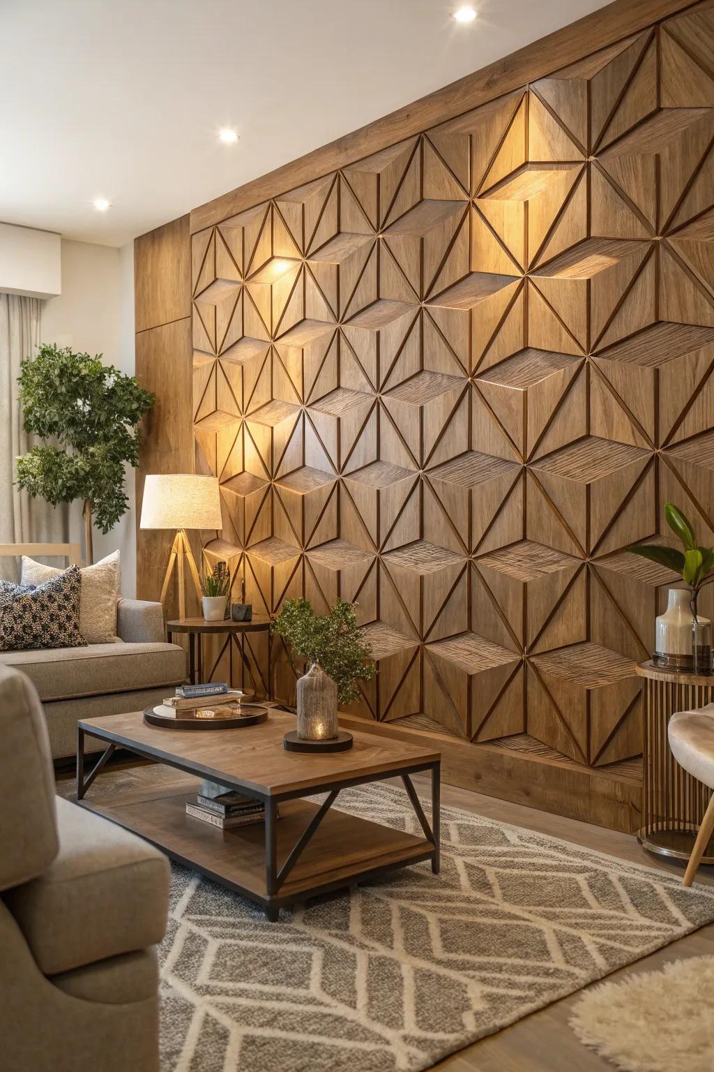 Living room showcasing geometric diamond-pattern wood paneling.