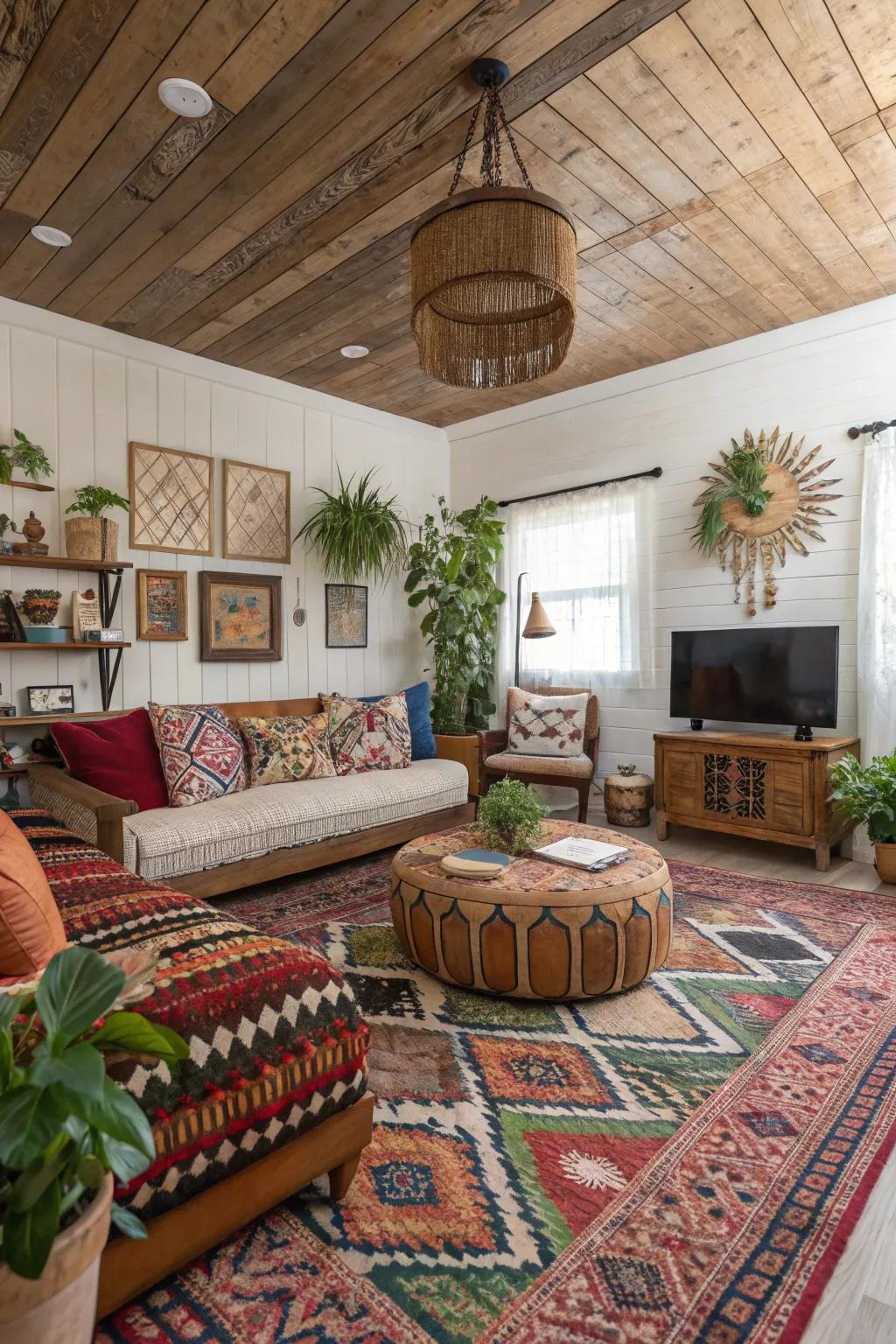 A mix of wood tones adds depth and personality to this eclectic space.