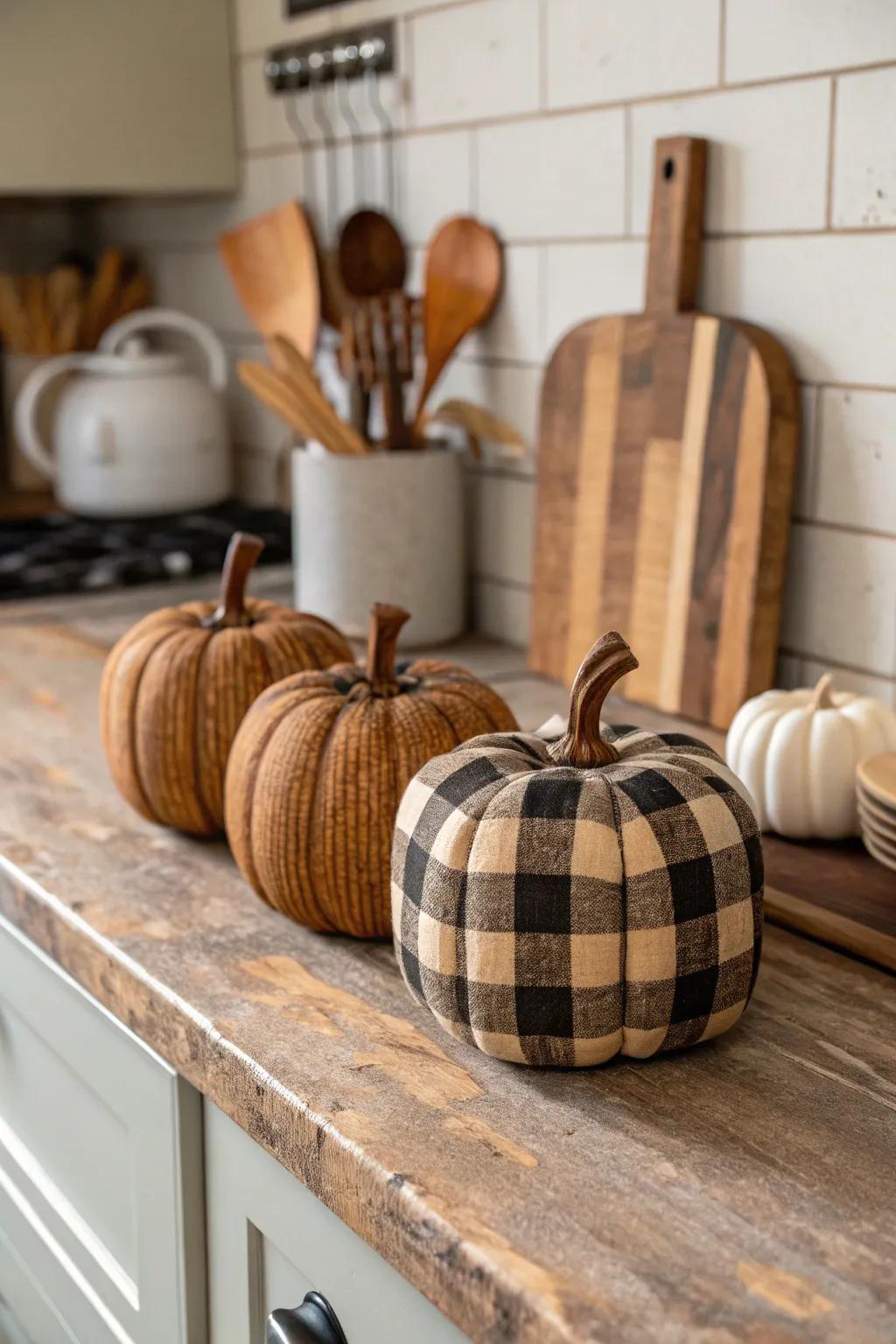 Classic buffalo check pattern on wooden pumpkins.