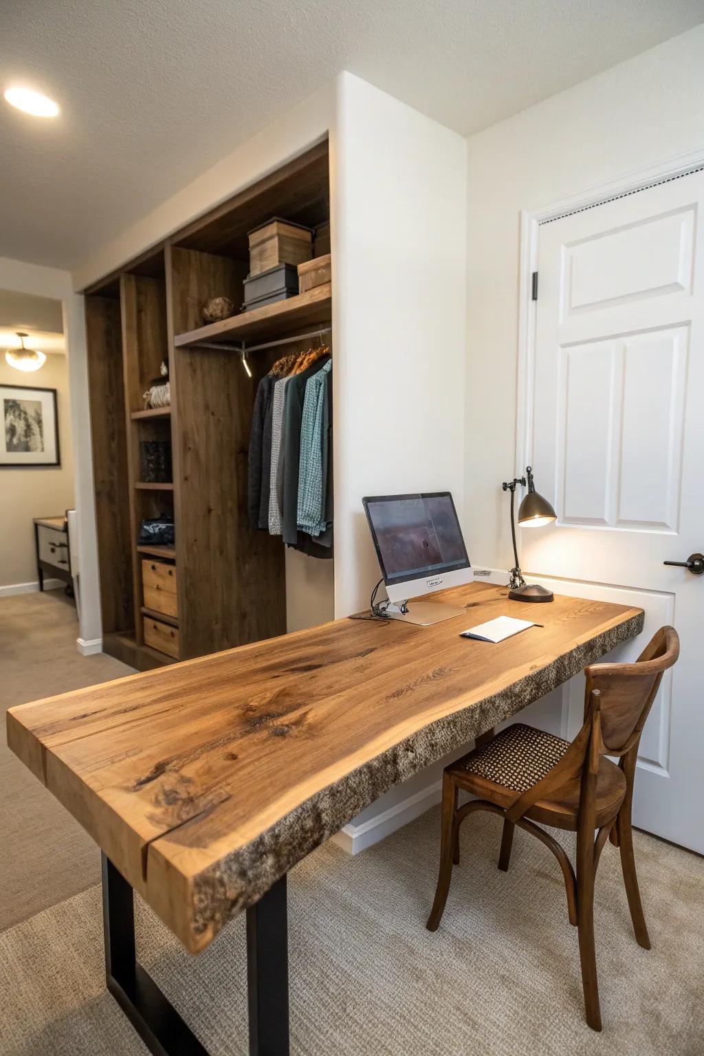Transform any closet into a serene workspace with a stunning live edge desk.