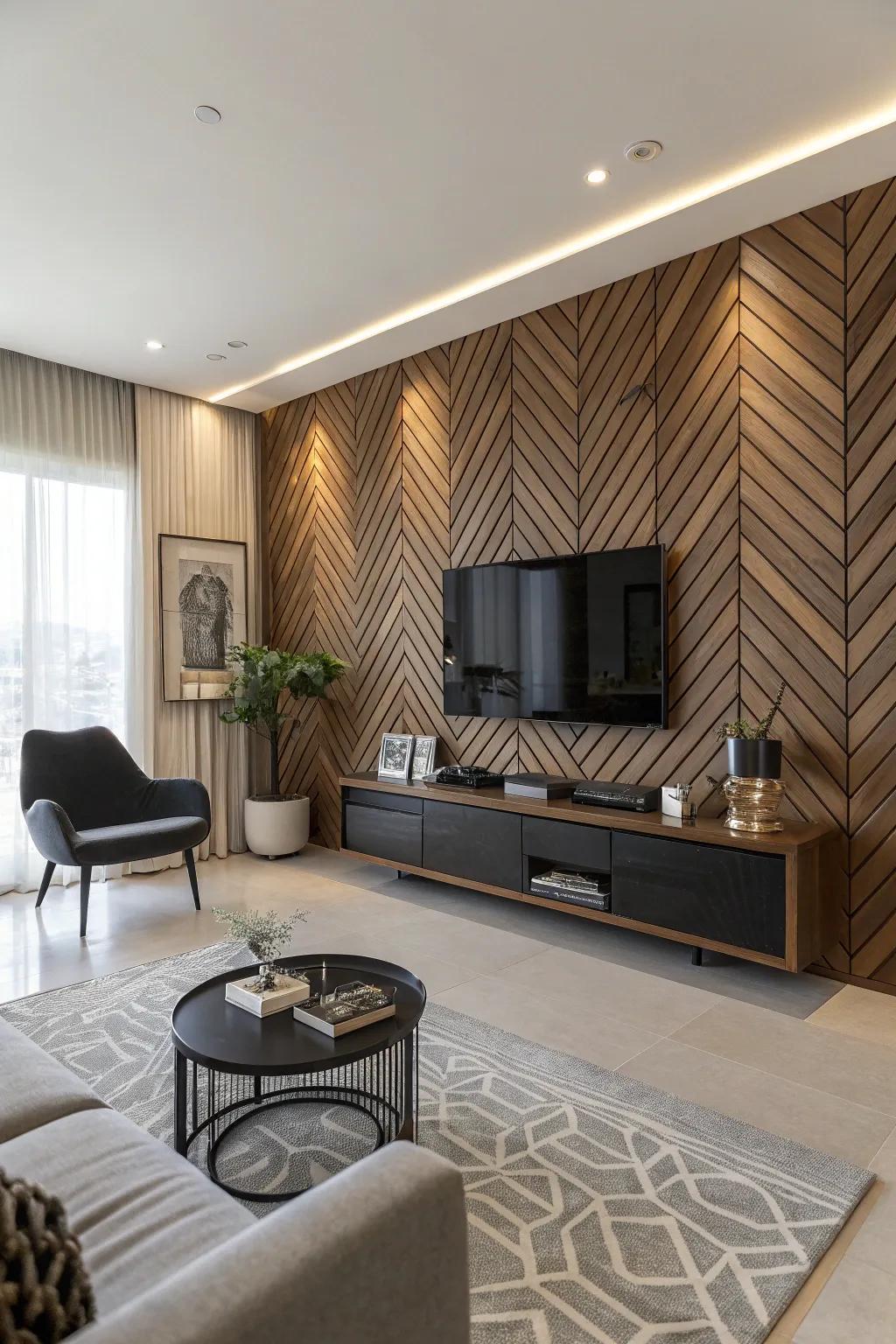 Chevron patterns offer a bold and contemporary twist to wood slat walls.