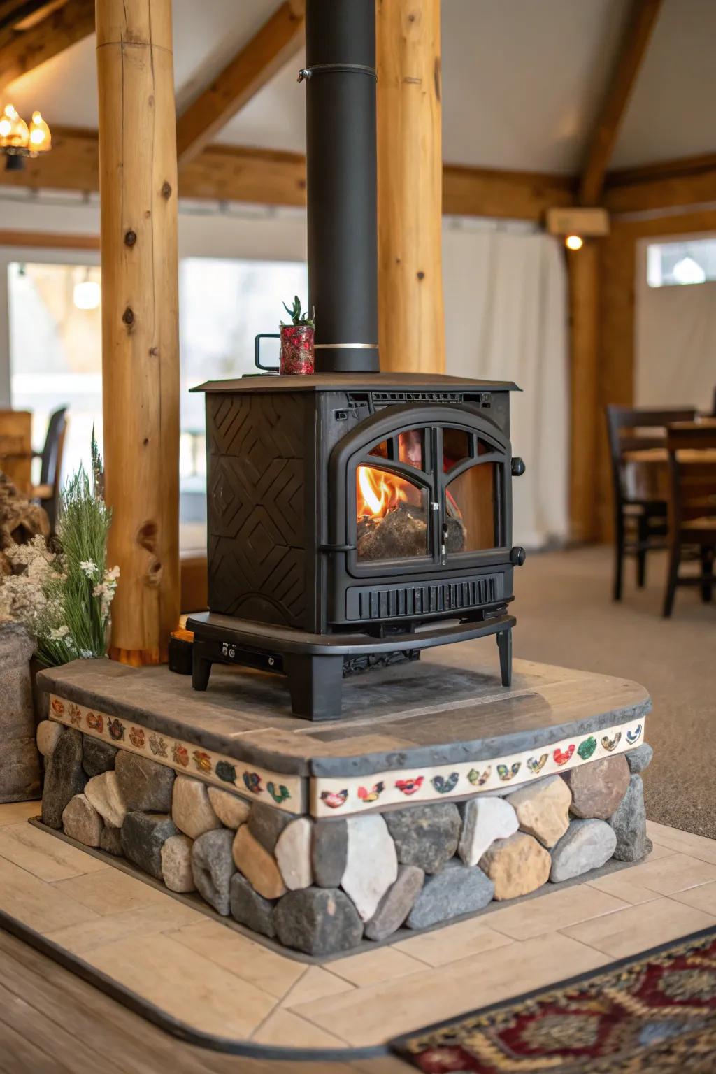 An elevated wood stove adds elegance and enhances visibility in this living space.