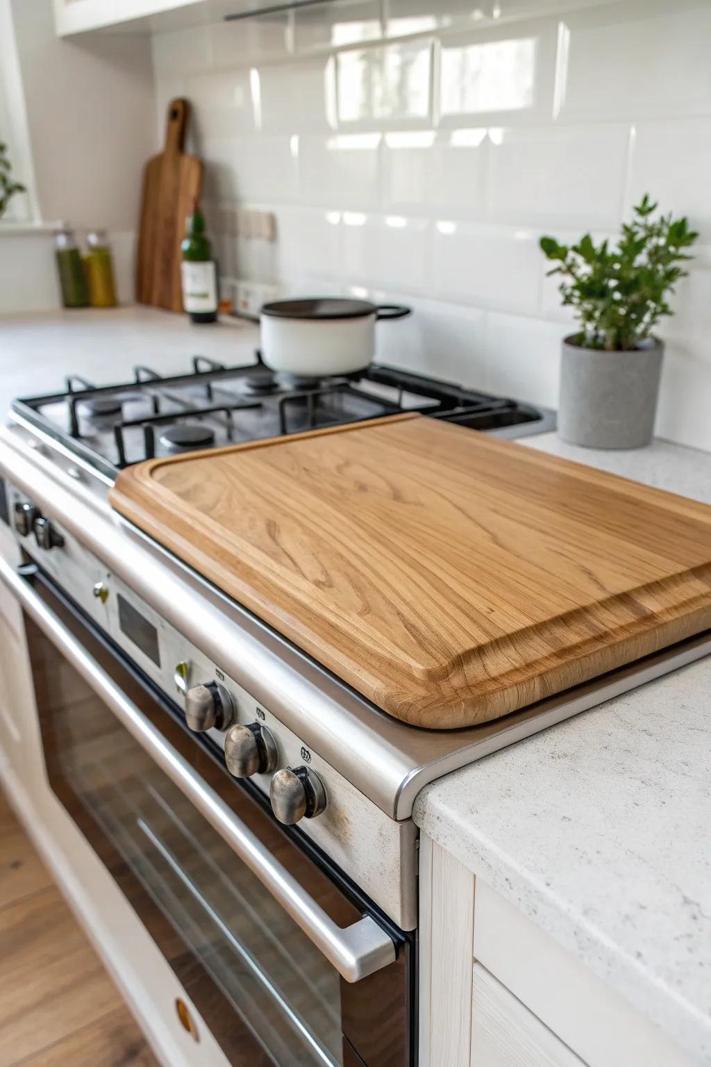 Elevate your kitchen style with a versatile wood stove top cover in calming neutral tones.
