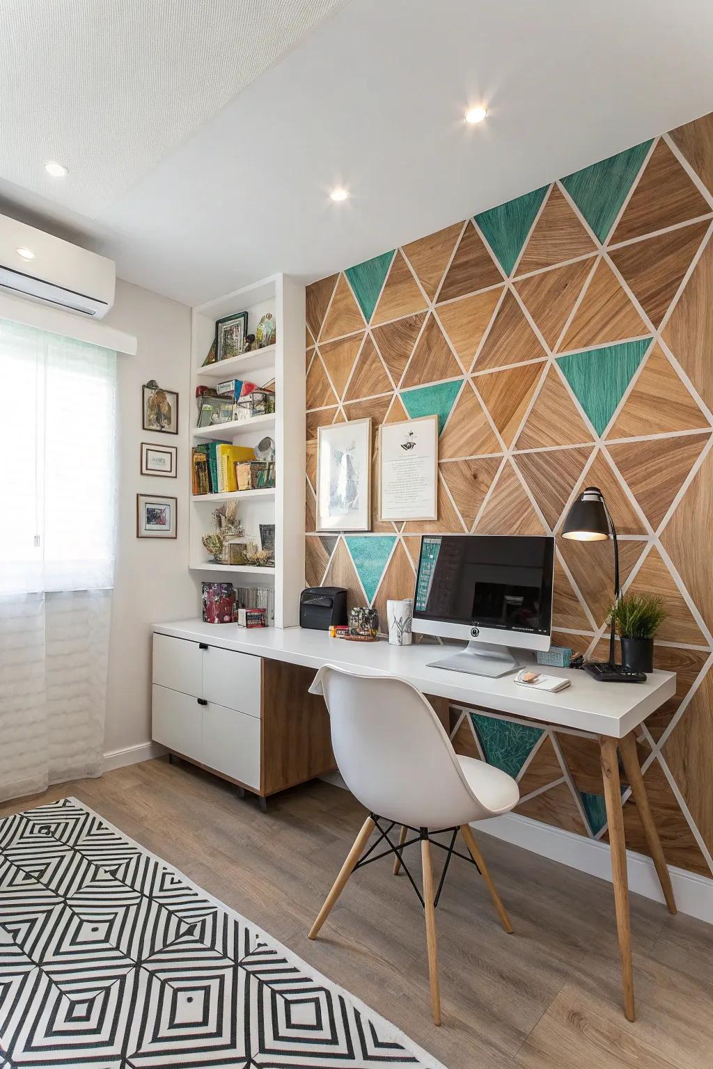 Creative workspace featuring a modern geometric accent wall.