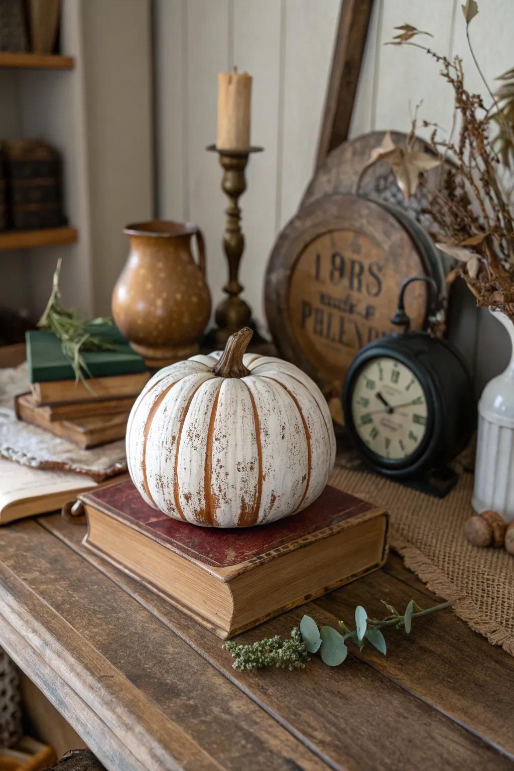 A distressed vintage finish gives your pumpkin timeless appeal.