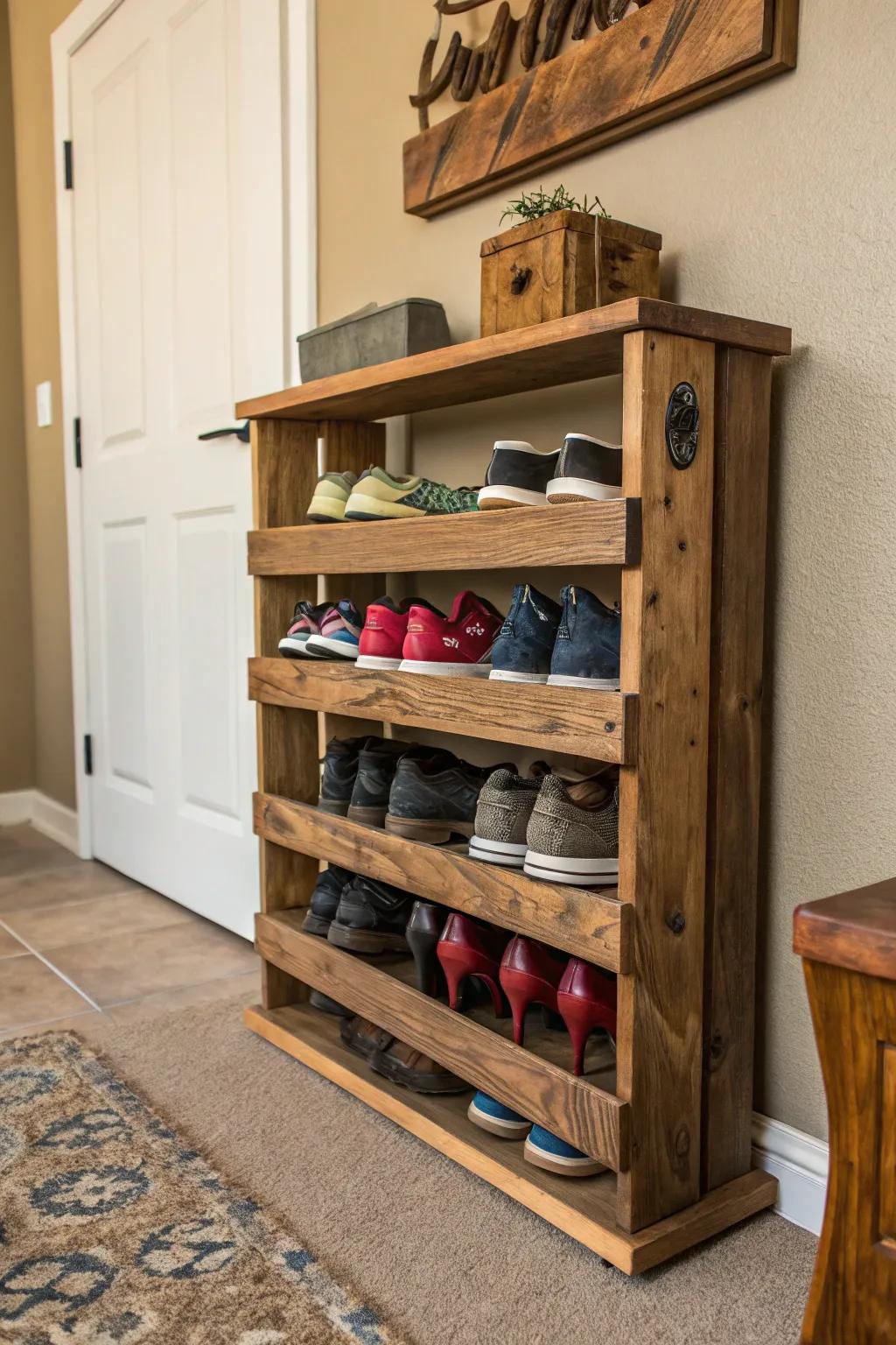 Keep your entryway organized with a wooden shoe rack.