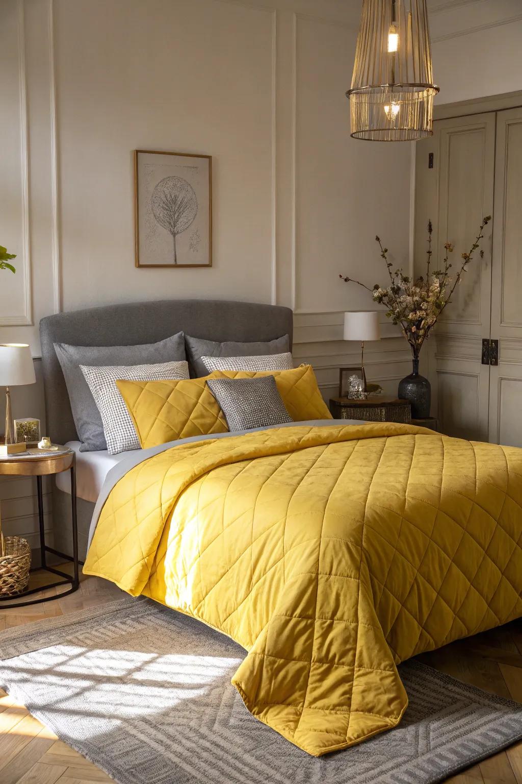 Yellow bedding brings a vibrant touch to a grey-themed room.