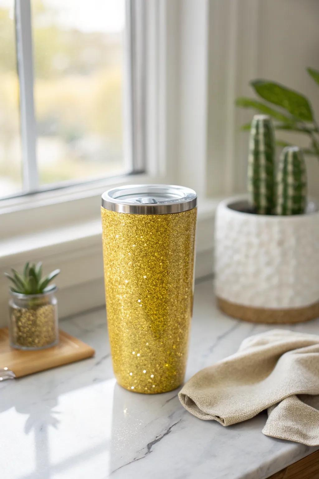 Capture the mesmerizing glow of elegance with this glossy yellow glitter tumbler, perfect for those who adore minimalist beauty.