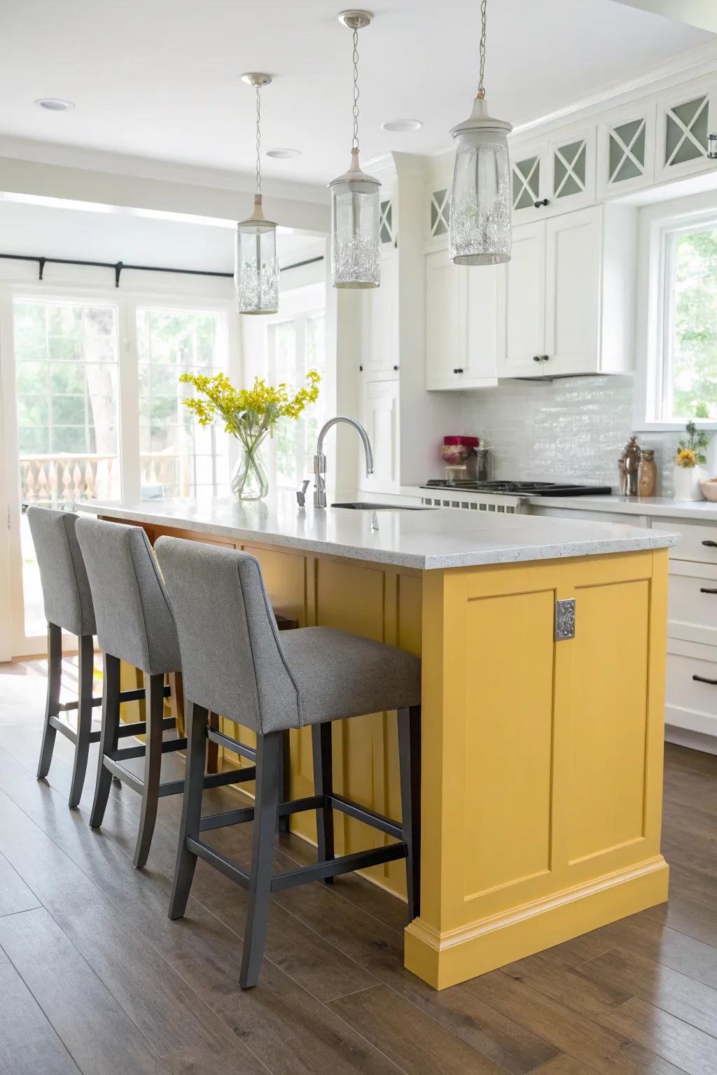 A yellow island paired with grey seating creates a welcoming centerpiece.