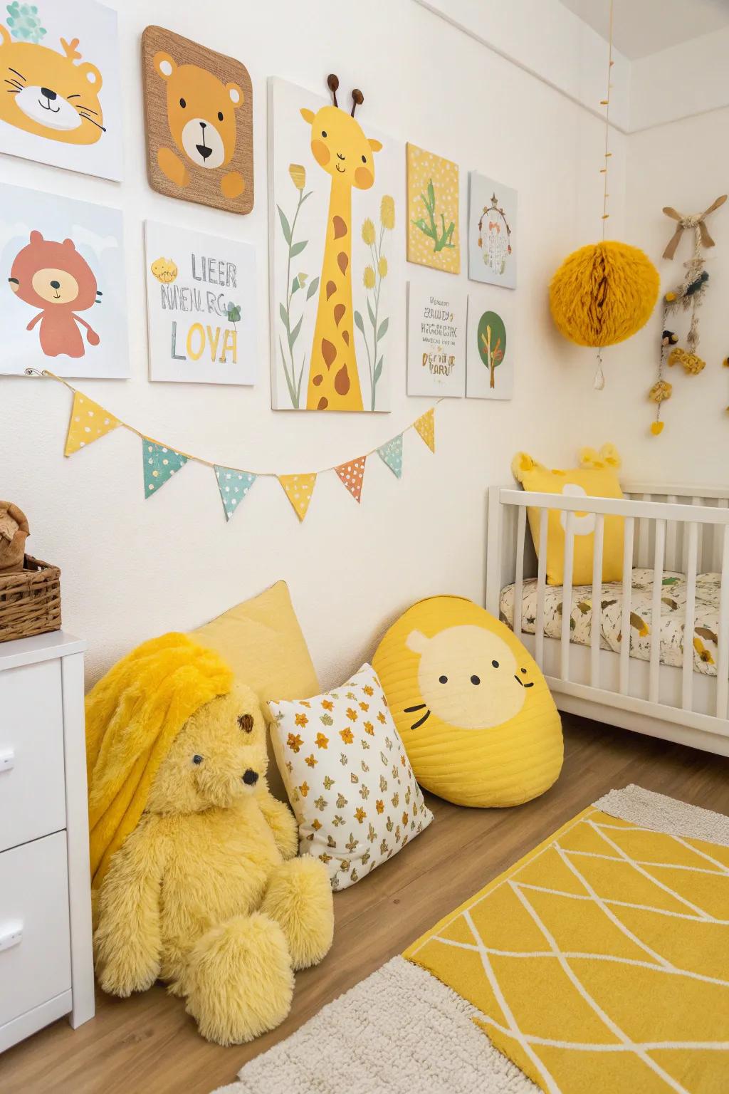 Whimsical yellow animal decor adds a playful touch to this nursery space.