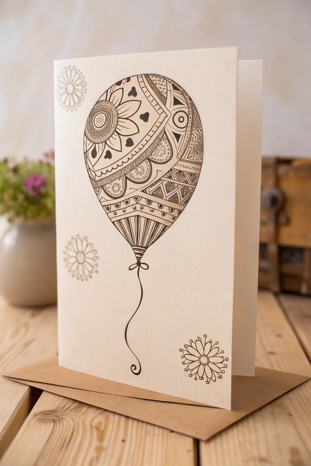Celebrate with elegance: A Zentangle balloon birthday card that brings artistry to any occasion.
