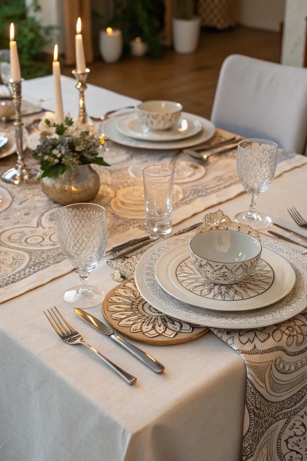 A zentangle tablecloth sets the scene for elegant dining.