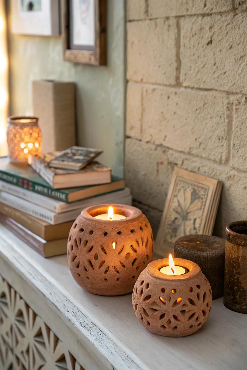 DIY clay luminaries bring a handmade touch to any room, illuminating it with warmth.