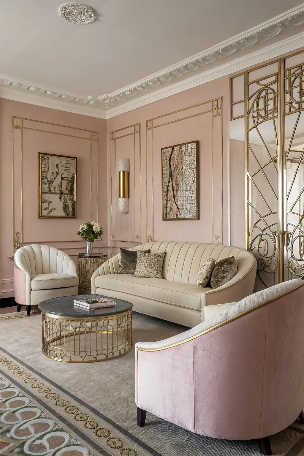 A pastel color palette creates a calming and inviting 1930s-inspired space.