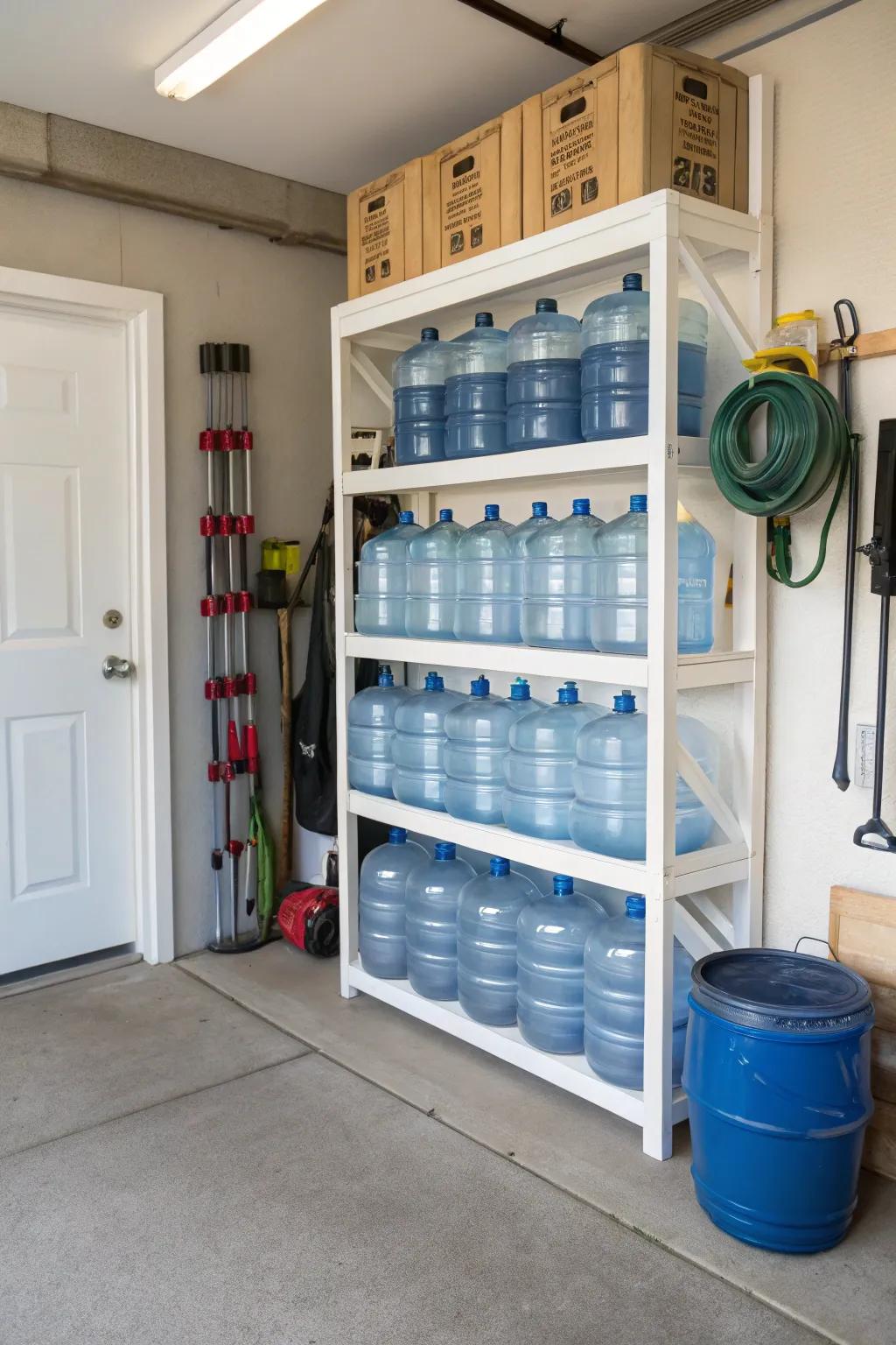 Garage storage keeps water jugs accessible and out of living space.