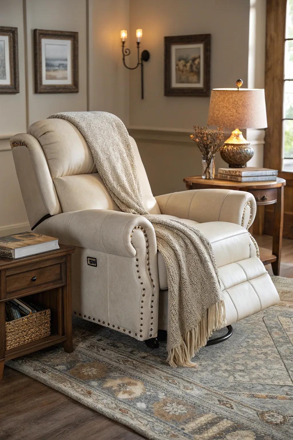 A stylish recliner offers ultimate relaxation and comfort.