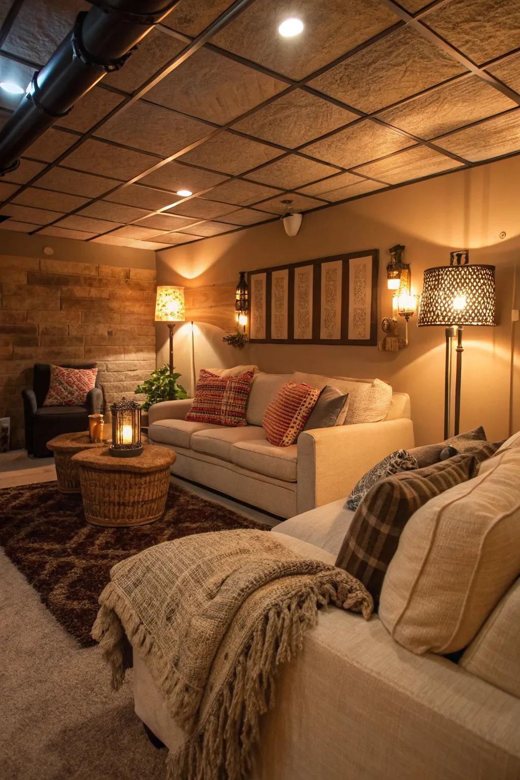 Warm lighting and cozy decor create an inviting atmosphere.