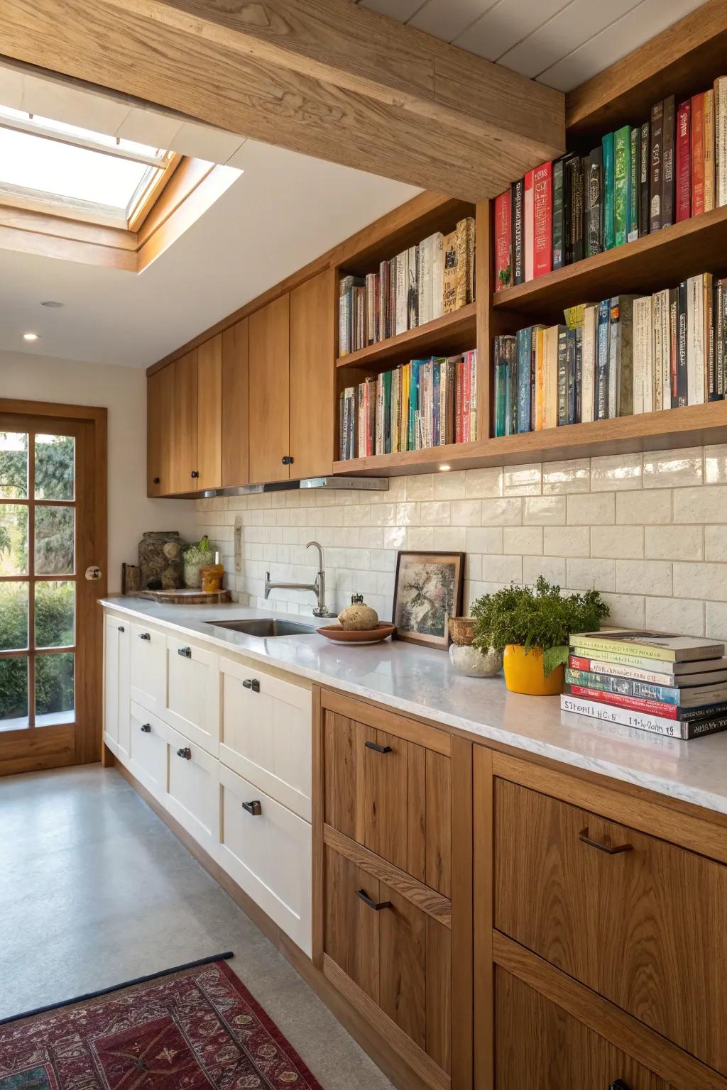 Cookbooks and wooden accents add a personal touch above cabinets.