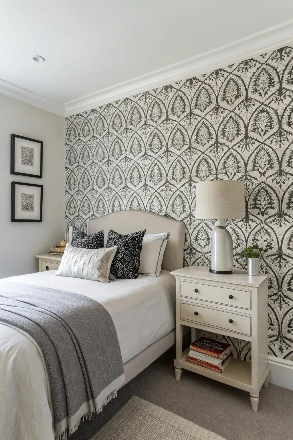 Monochrome wallpaper creates a sleek and chic accent wall.